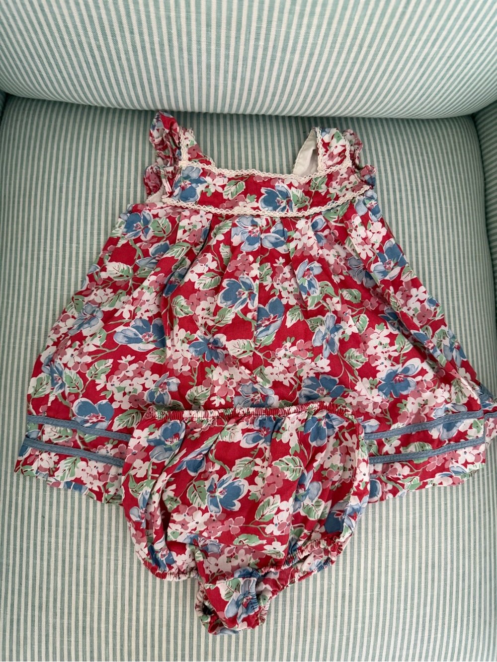 Ralph Lauren Red Floral Diaper Cover Set with Blue Accents
